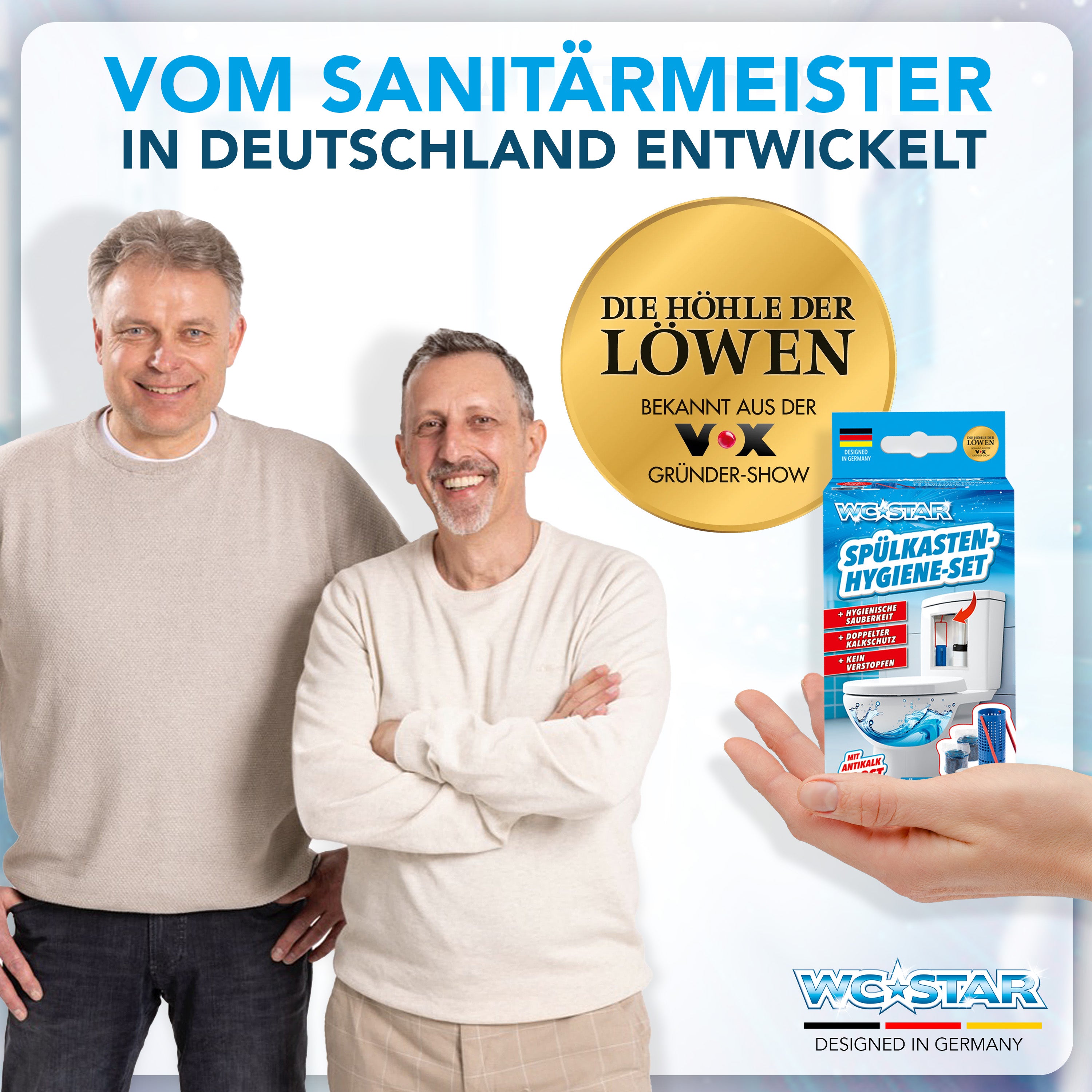 Die Gründer mit WC-Star Verpackung.